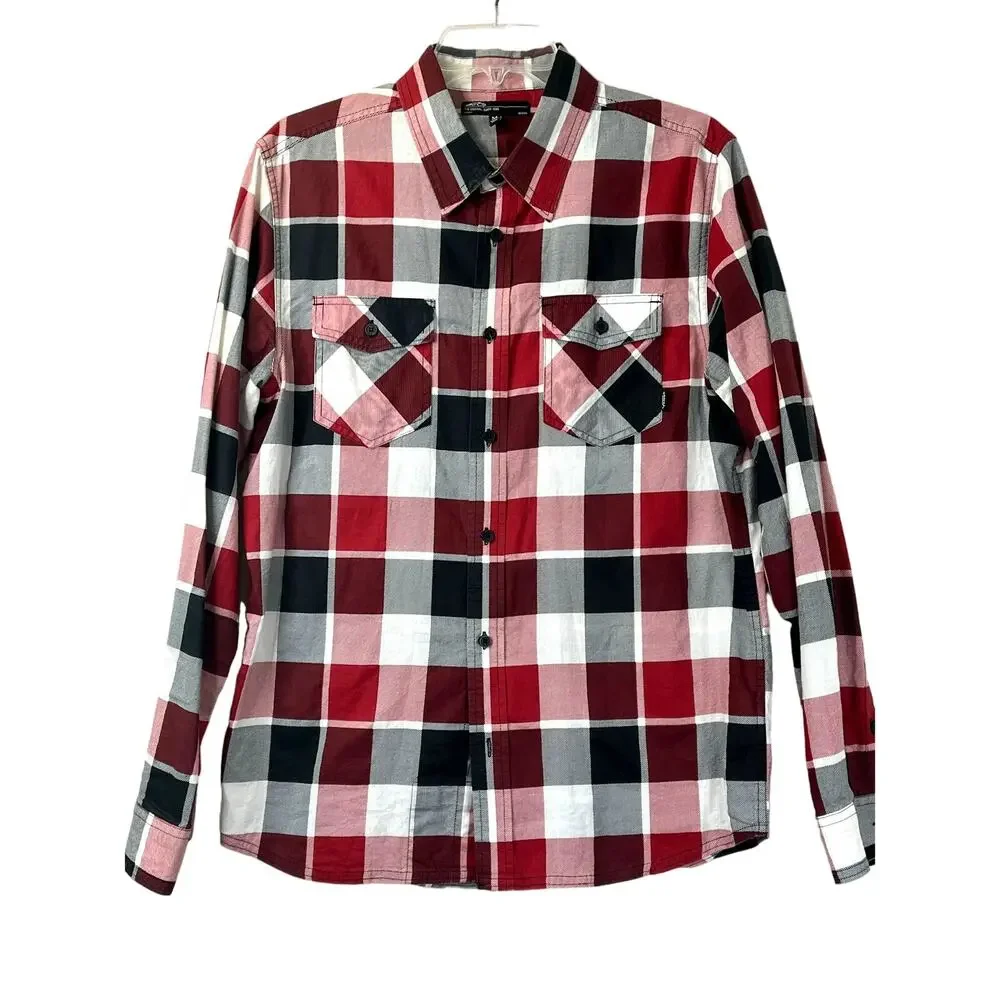 Vans men's black/red plaid button up long sleeve shirt, size M